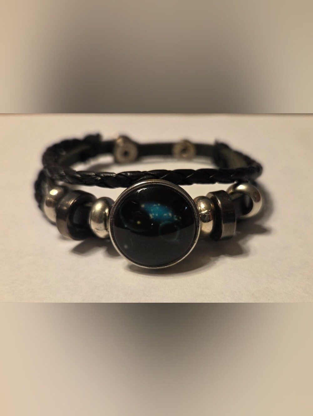 Black Braided Bracelet with Blue Galaxy Cabochon